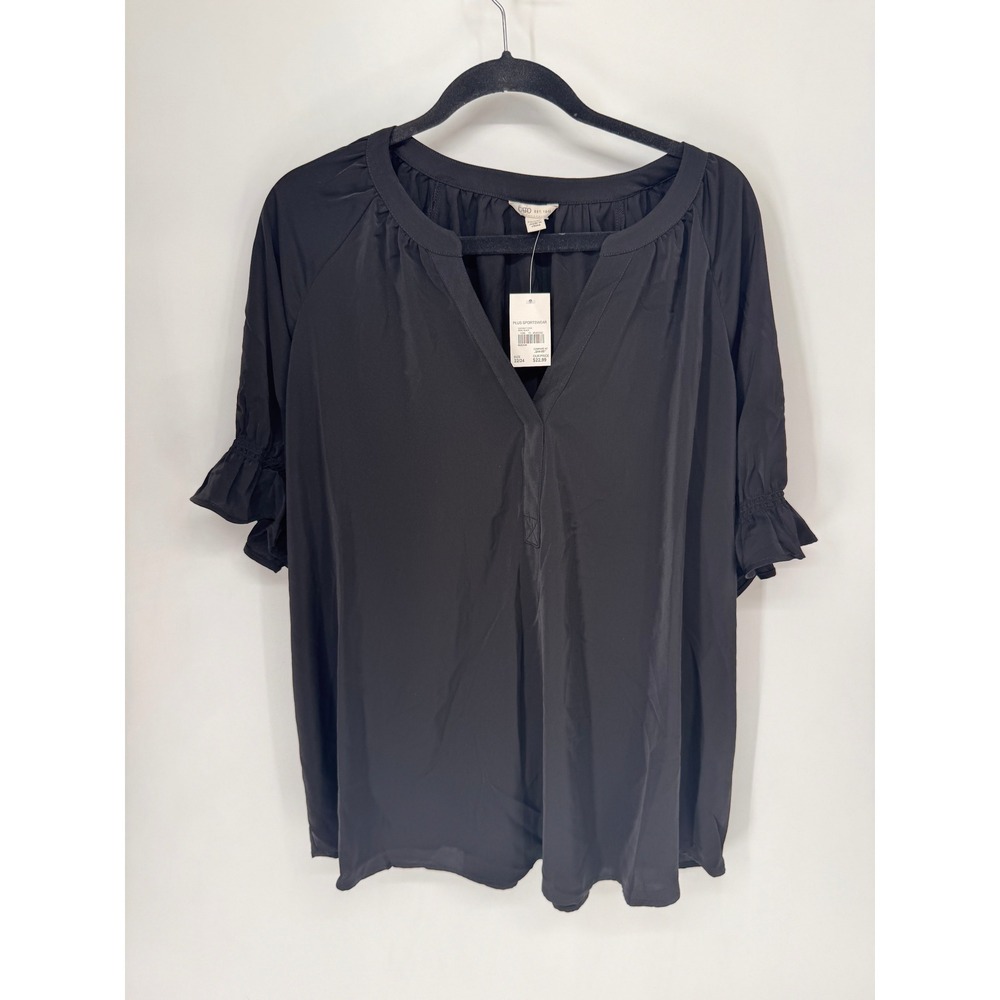 Cato Blouse Women 22/24W Black NWT Ruffle Sleeve Cinched Back Split Neck